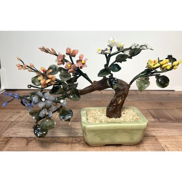 Gemstone Bonsai Tree Ornament With Multicolored Flowers In Ceramic Pot - Picture 1 of 8